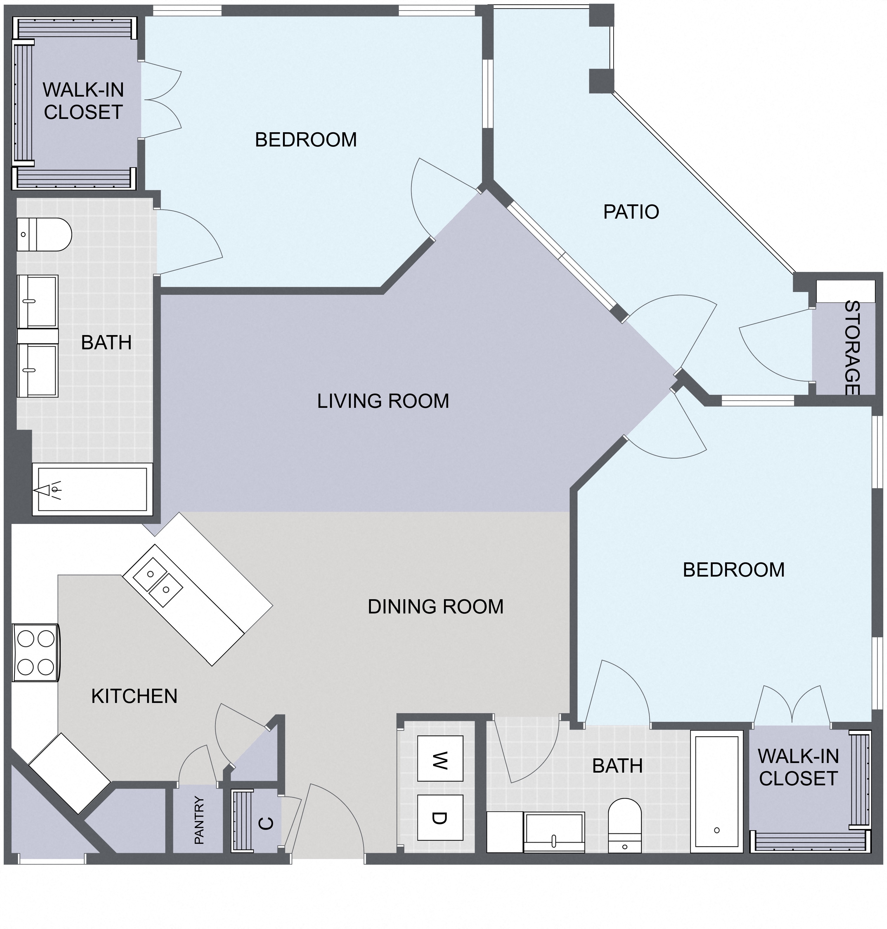 Floor plan for 2 beds, 2 baths, 1126 sqft